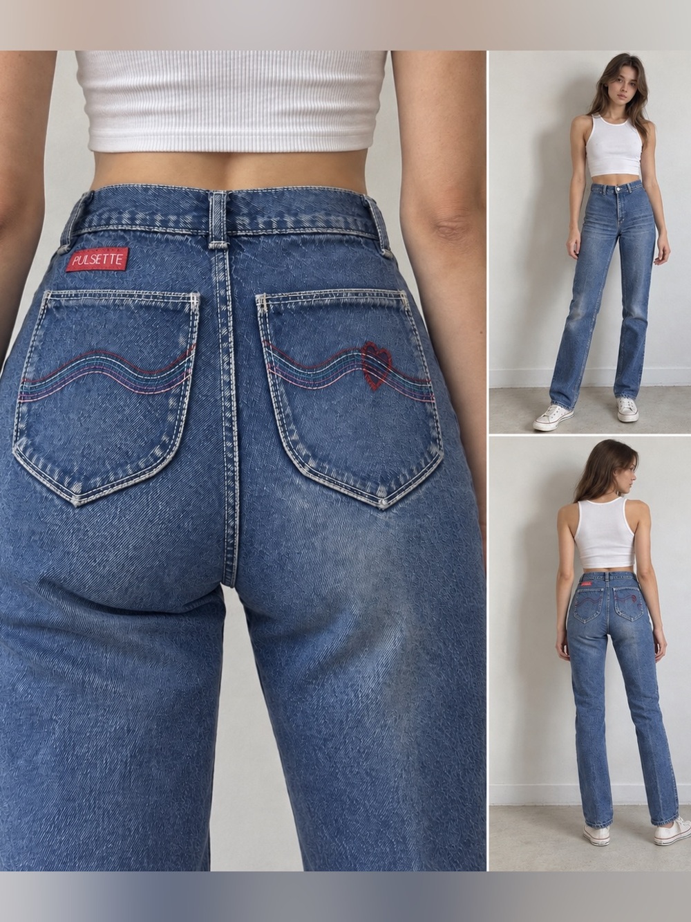 Vintage 80s High Rise Cigarette Jeans Pulsette Embroidered Heart Waist 23โ24โ
